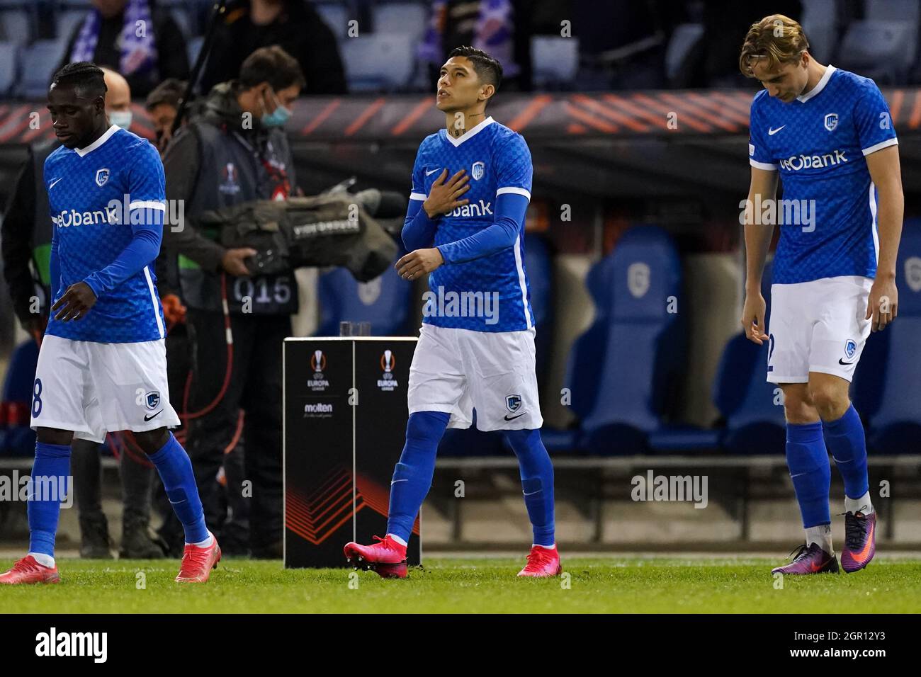 GENK, BELGIUM - JULY 14: Mujaid Sadick of Genk coaches his teammates during  the Club Friendly match between KRC Genk and AZ Alkmaar at Luminus Arena on  July 14, 2021 in Genk