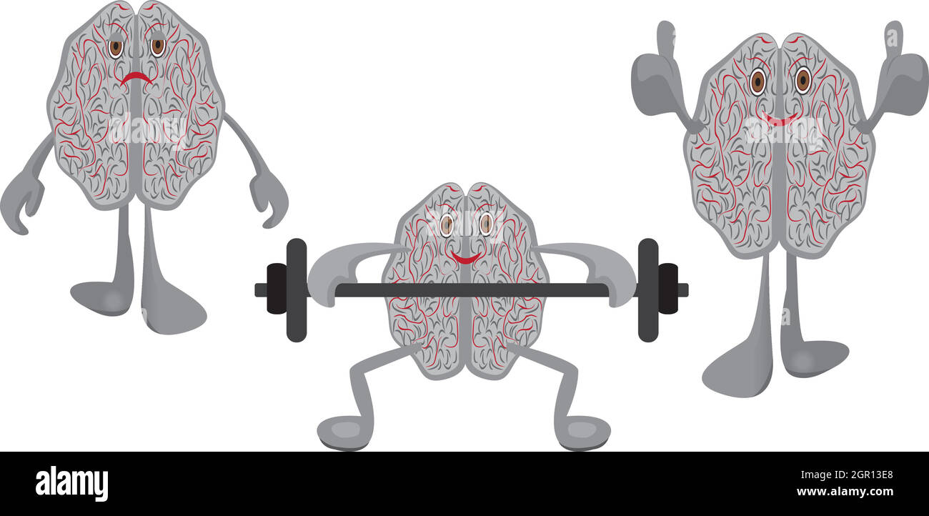 Brain affected with a stress, brains having exercises with a barbell and healthy trained brain symbolizing education  training intellect exercises Stock Vector
