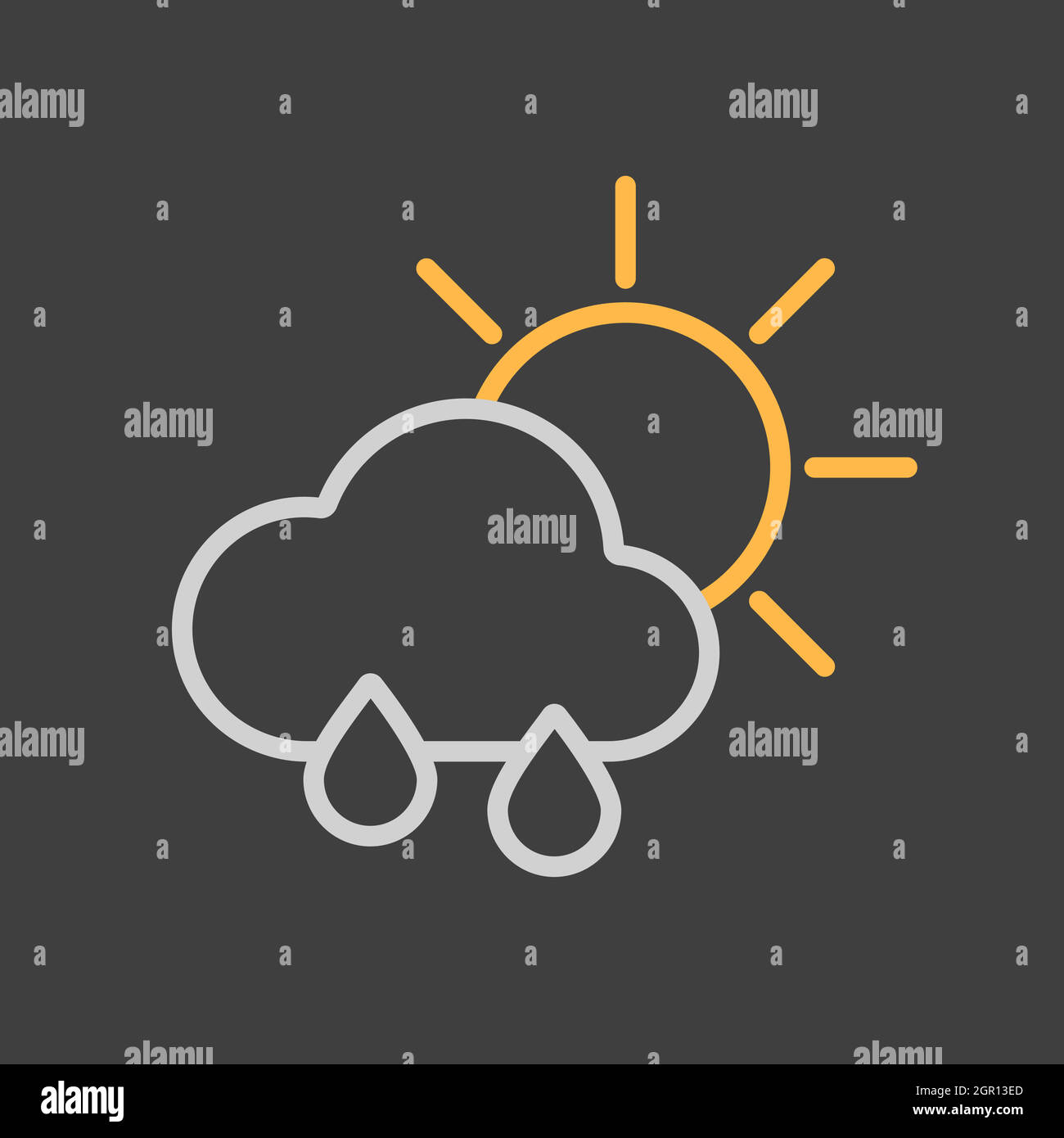 Sun with raincloud and raindrops vector icon on dark background Stock Vector