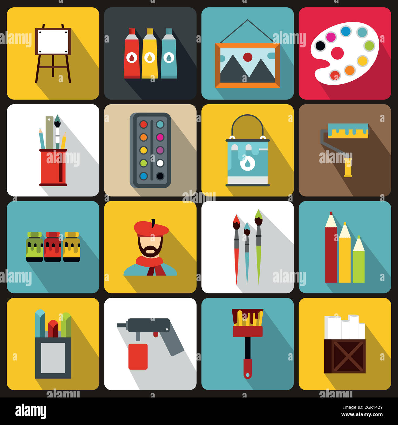 Painting icons set, flat style Stock Vector
