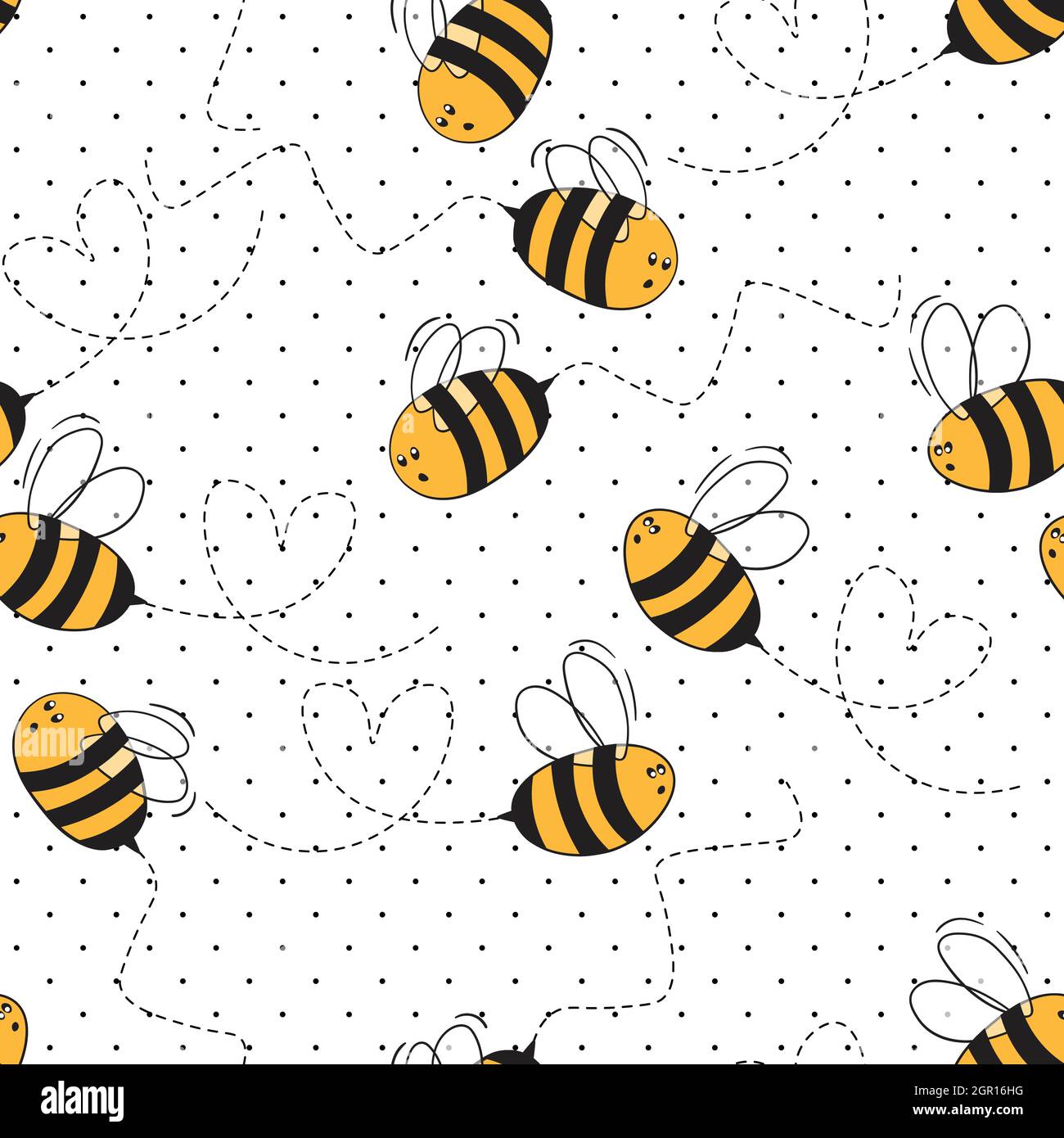 Seamless pattern with bees on white polka dots background. Small wasp ...