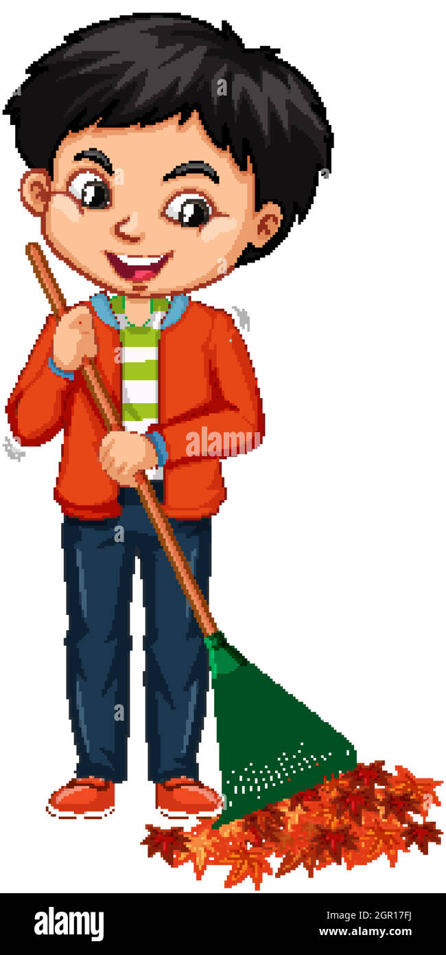 Boy raking leaves on white background Stock Vector Image & Art - Alamy