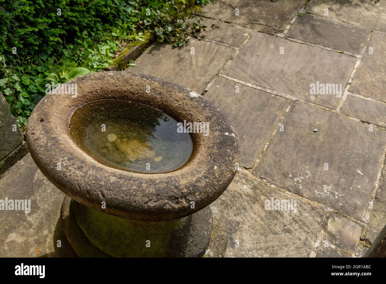 A stone bird bath full of water on a patio in a Yorkshire garden. Stock Photo