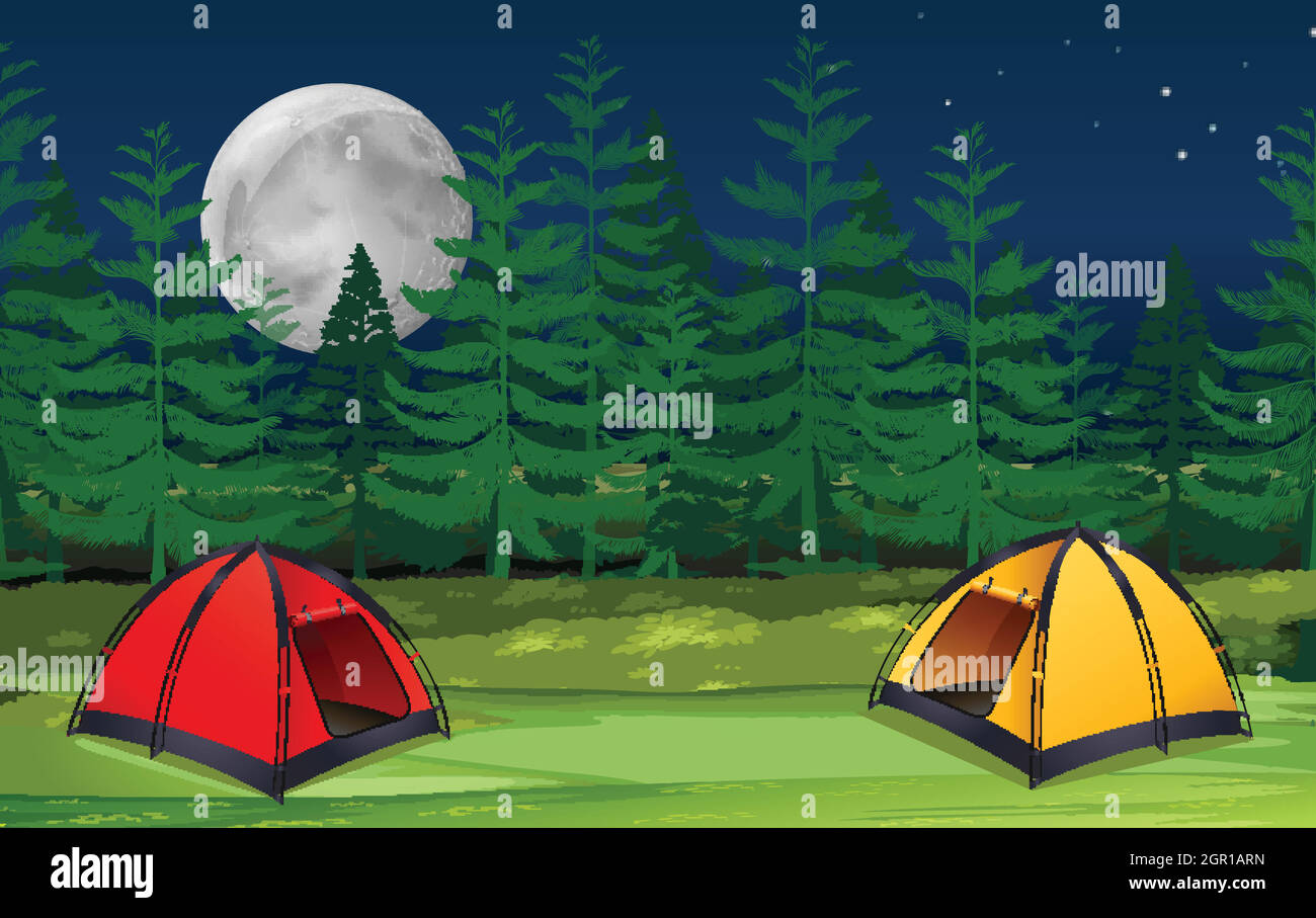 Two tens in woods at night scene Stock Vector