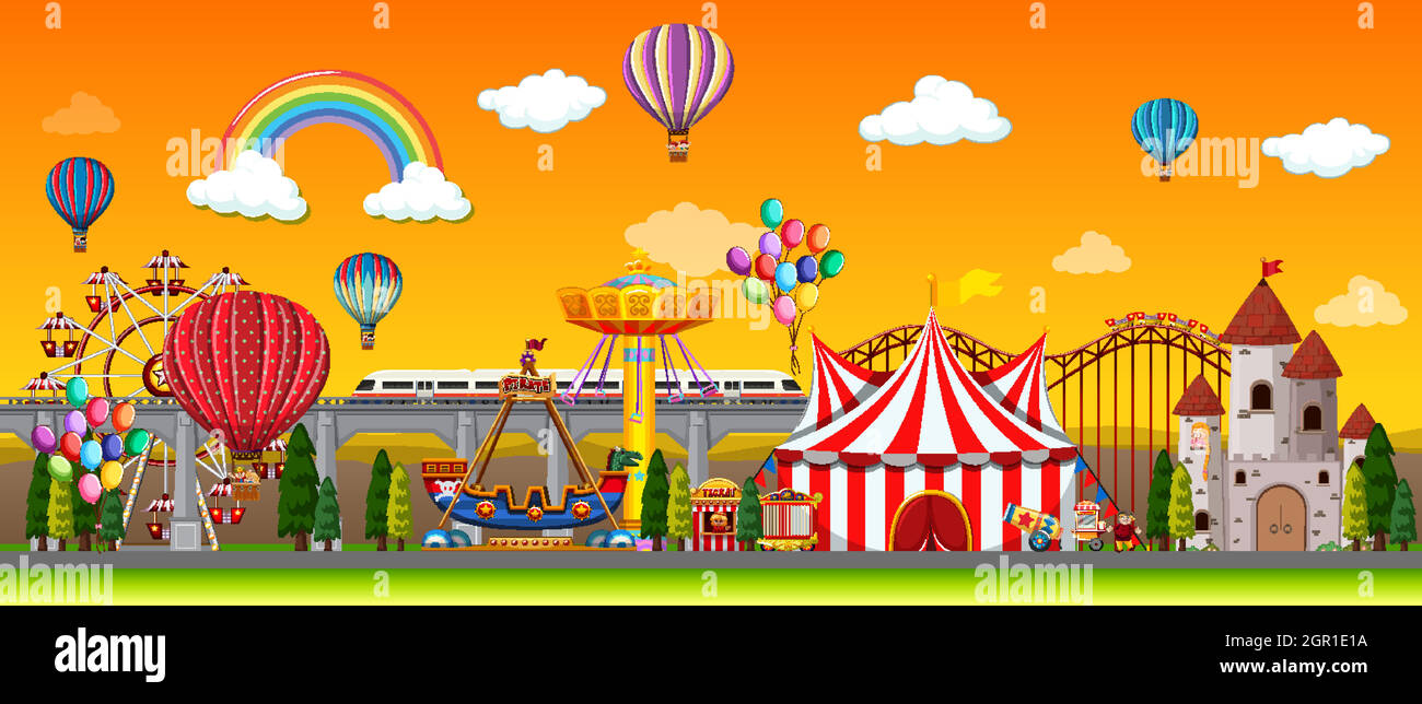 Amusement park scene at daytime with balloons and rainbow in the sky ...