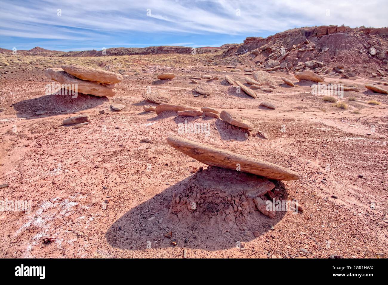 Broken Stones below Kachina Point in Petrified Forest National Park that may have been a tall Hoodoo that fell down long ago. Stock Photo