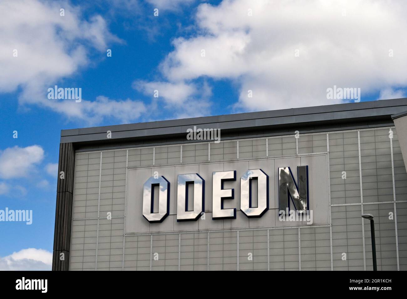 Bournemouth, England - June 2021: Sign on the outside of the Odeon cinema in Bournemouth town centre. No people. Stock Photo