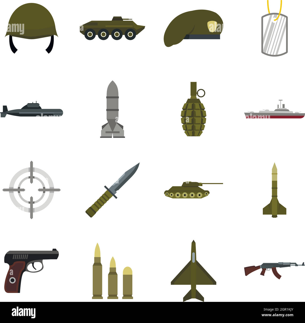 Military icons set, flat style Stock Vector
