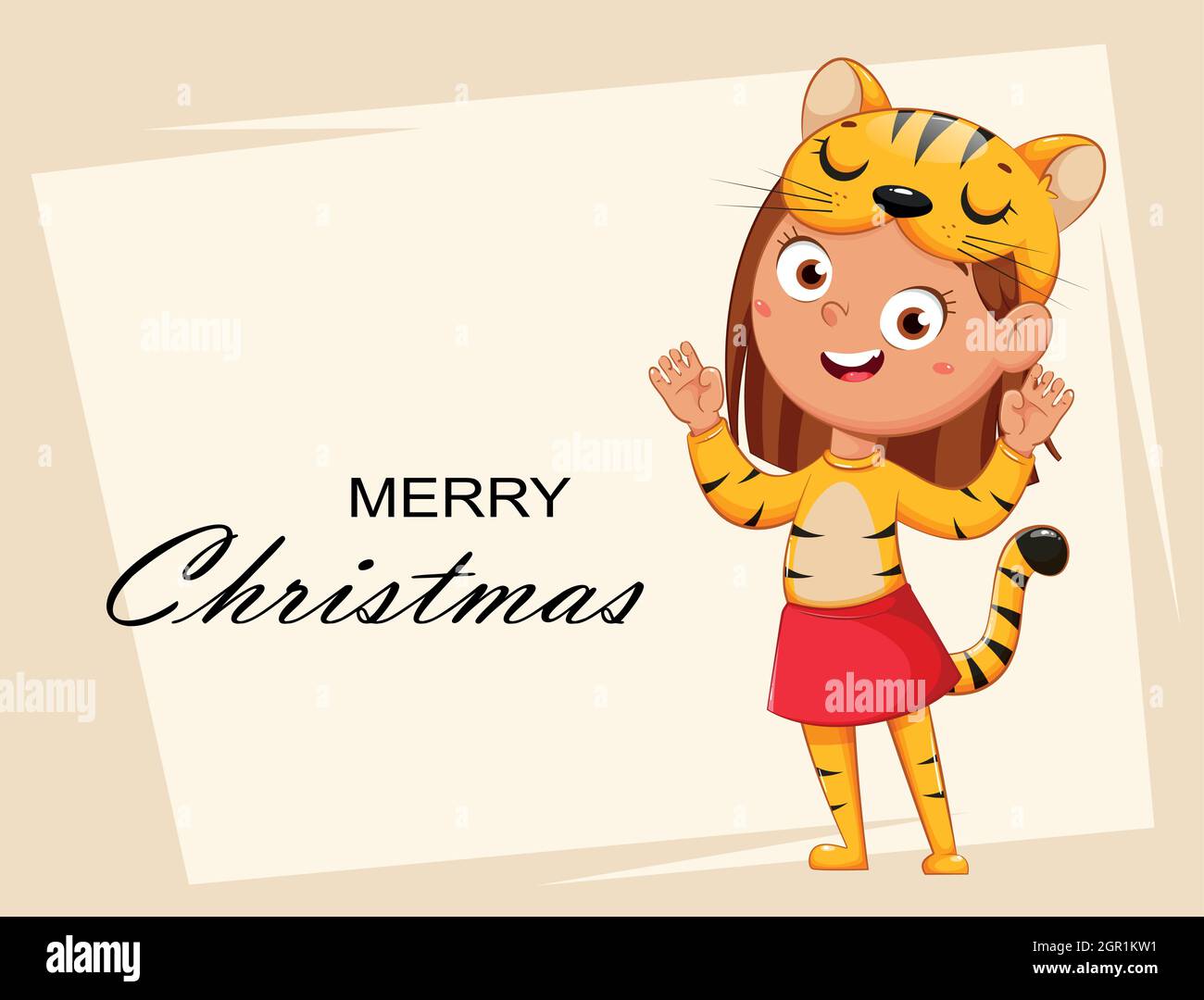 Smiling girl in costume of tiger. Child in Christmas carnival costume, cute cartoon character. Stock vector illustration Stock Vector