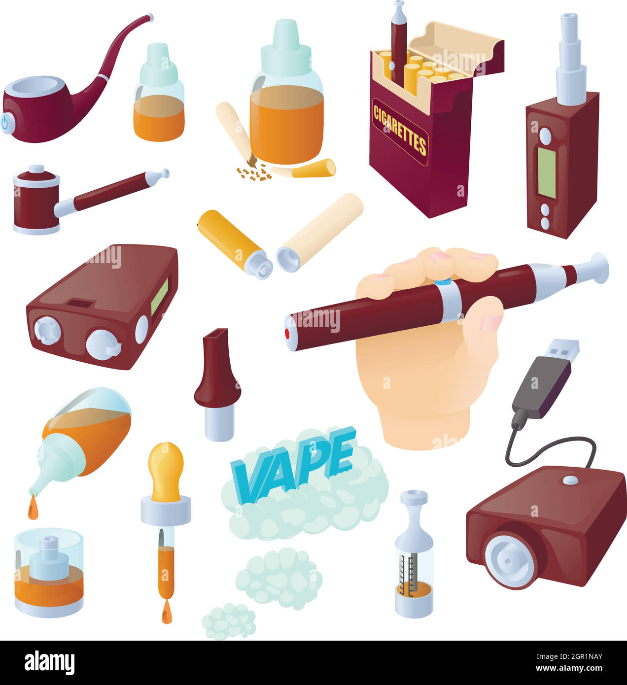 Electronic cigarettes icons set, cartoon style Stock Vector