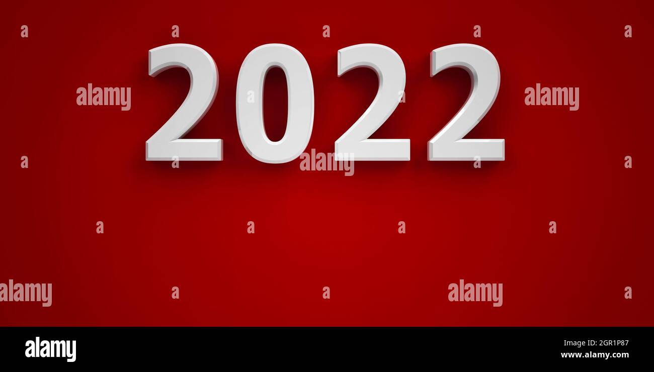 White number 2022 on red background represents new year 2022, three-dimensional rendering, 3D illustration Stock Photo