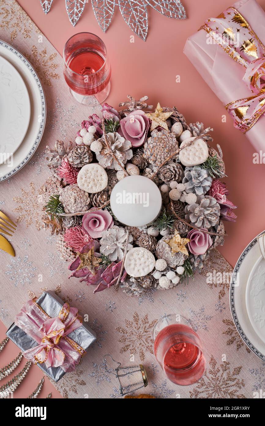 Table Setting For Christmas Party, Top View Stock Photo Alamy