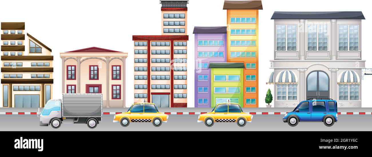 City scene with buildings and cars on road Stock Vector