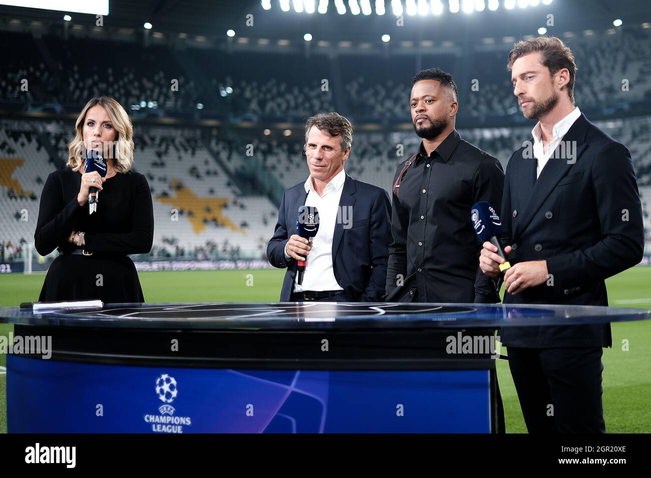 Torino, Italy. 29th Sep, 2021. Amazon prime journalist Giulia Mizzioni and  former players Gianfranco Zola, PAtrice Evra and Claudio Marchisio during  the Uefa Champions League group H football match between Juventus FC