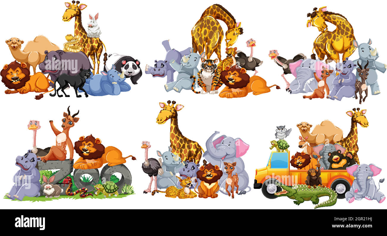 Wild animals group in many poses cartoon style isolated on white background Stock Vector