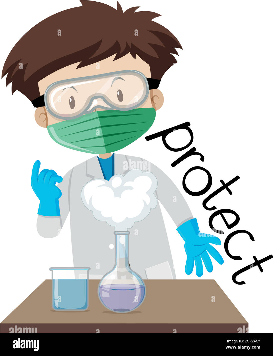 Flashcard design for word protect with boy wearing protection in lab Stock Vector