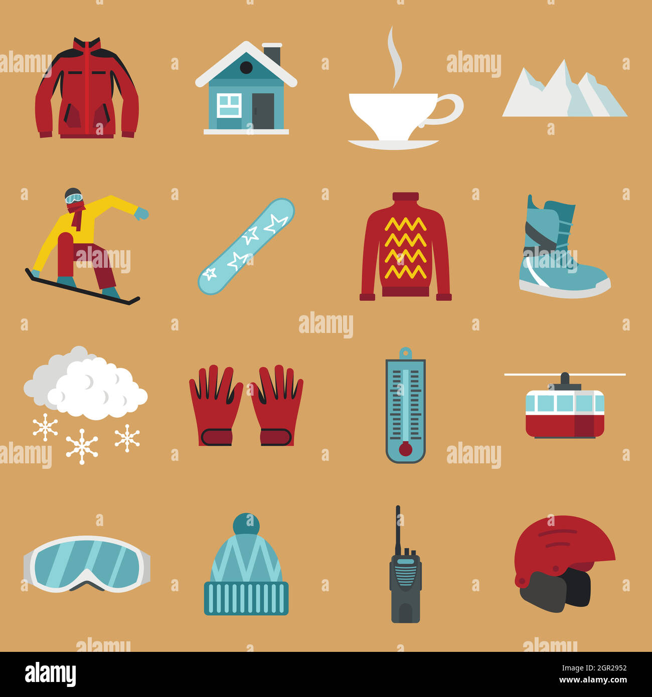 Snowboarding icons set, flat style Stock Vector