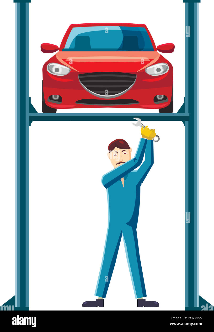 Mechanic repairing a car on a lift icon Stock Vector