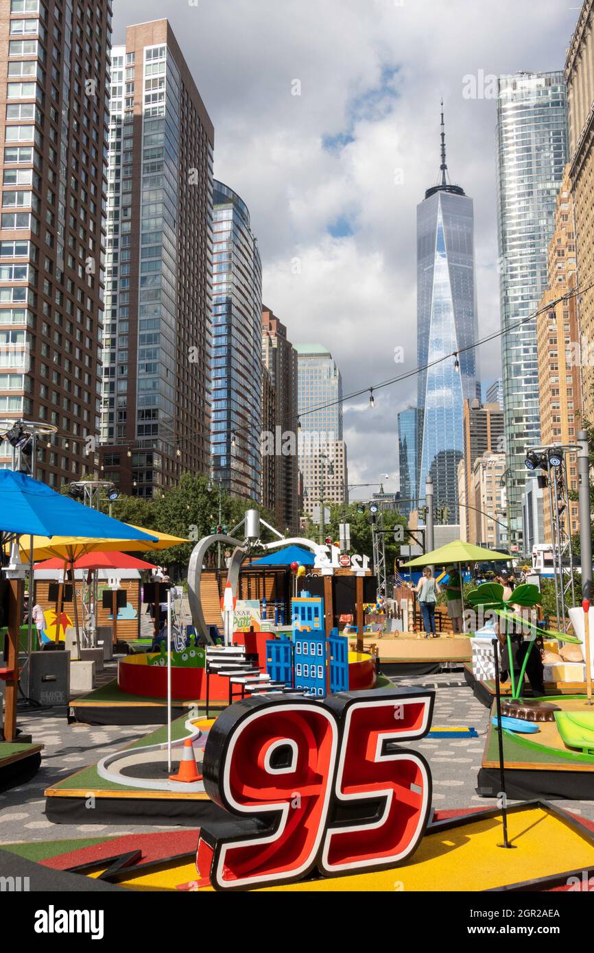 A pop-up miniature golf course is entertainment and is located at Pier A in Battery Park, New York City, USA  2021 Stock Photo