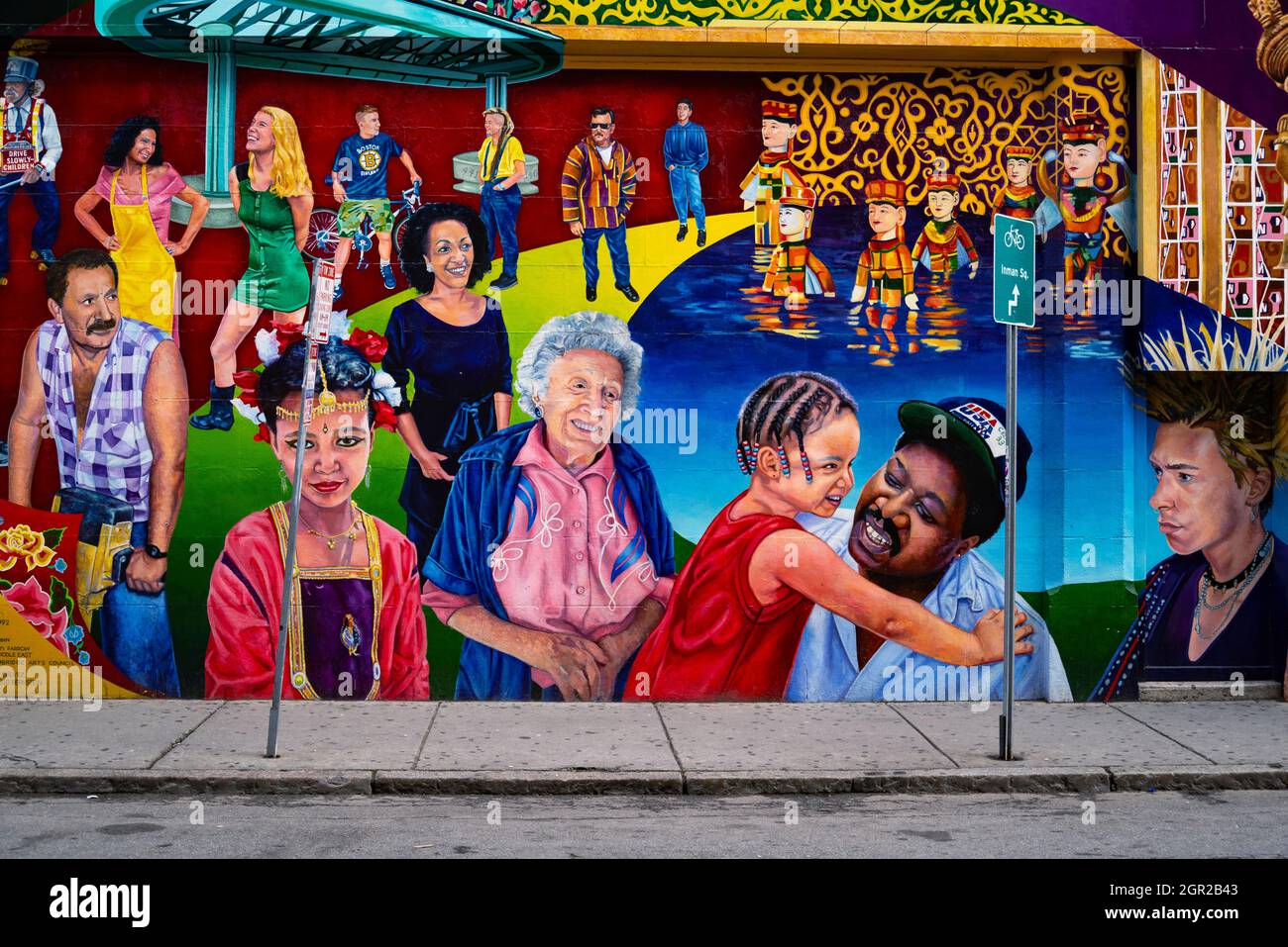 Colorful graffiti and mural street art in the Central Square area of