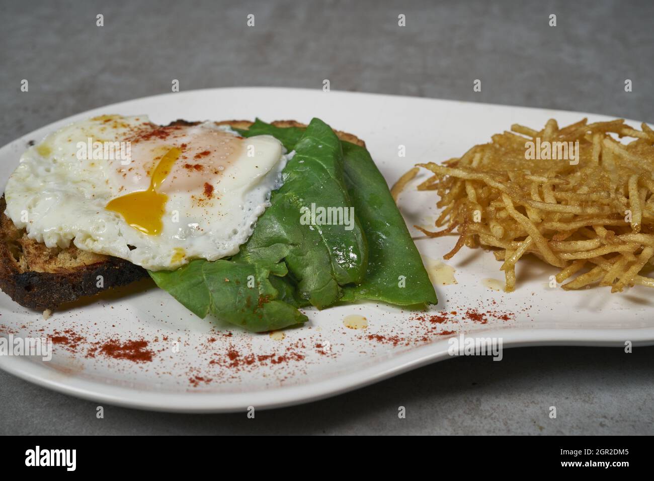 Closeup shot of a morning breakfast with poached egg and potato pie on an abstract white plate Stock Photo