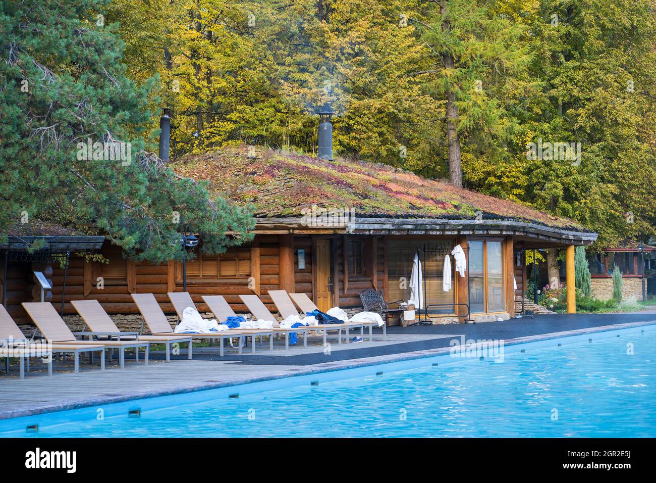 Wellness spa resort center with empty outdoor swimming pool of thermal