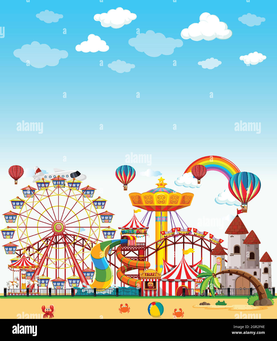 Amusement park scene at daytime with blank bright blue sky Stock Vector ...