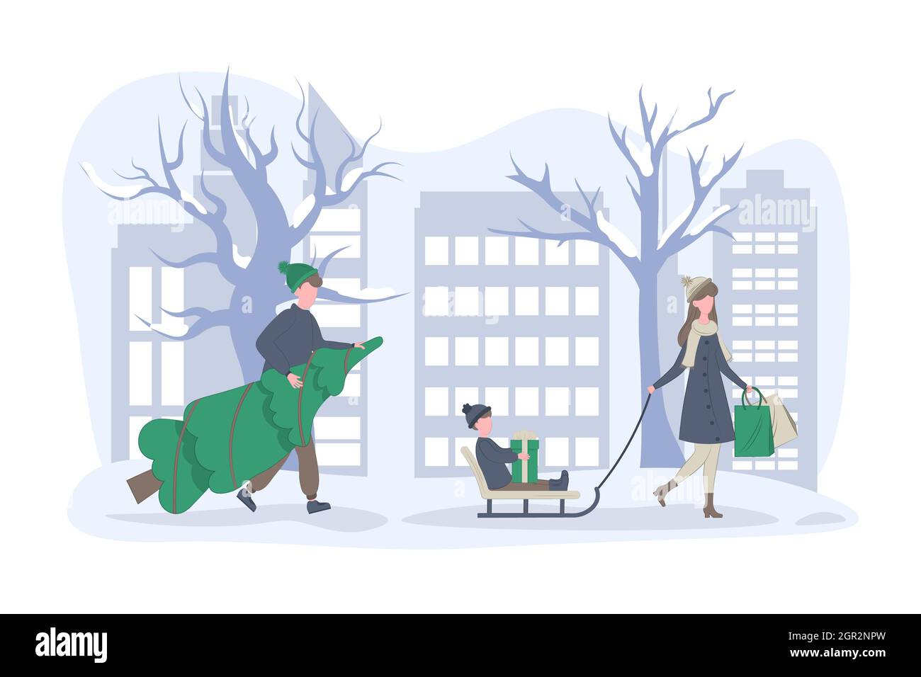 Family Christmas shopping and winter holidays. A man carries a Christmas tree and a woman sledding a child. Vector flat illustration. Stock Vector