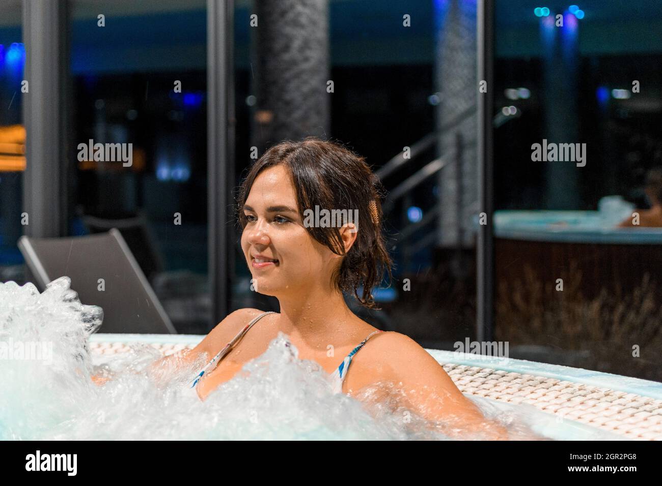 Young Woman In Hot Tub, Jacuzzi, Spa, Relaxation, Zen Stock Photo Alamy
