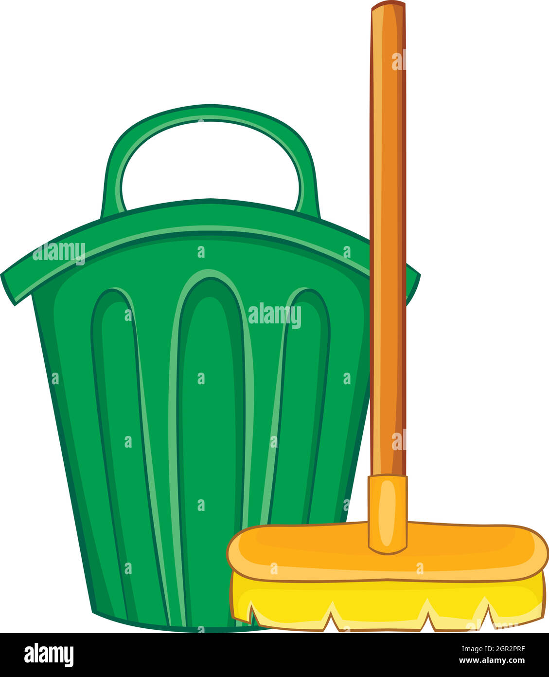 Cleaning broom and trash bin icon, cartoon style Stock Vector