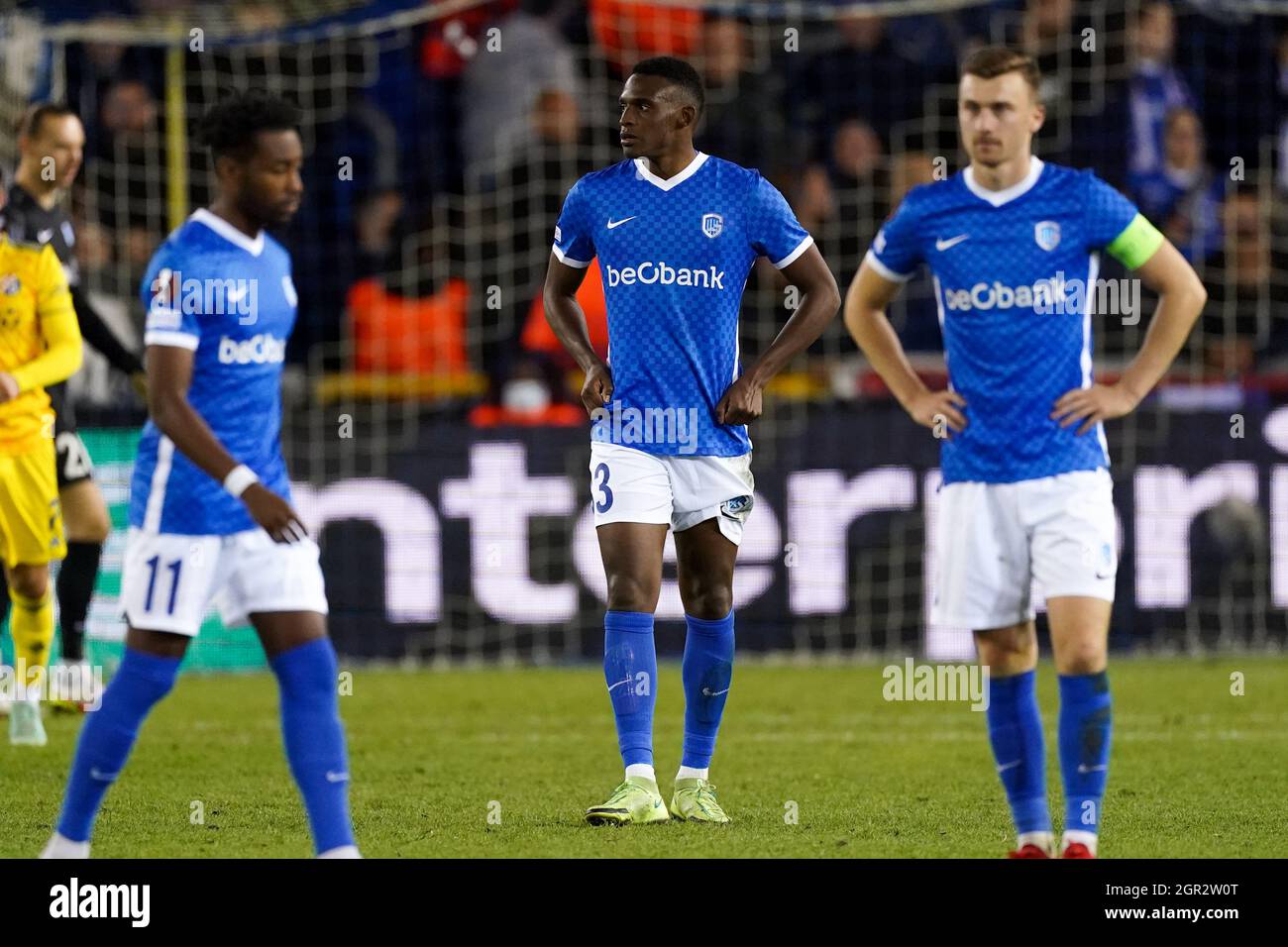 GENK, BELGIUM - JULY 14: Mujaid Sadick of Genk coaches his teammates during  the Club Friendly match between KRC Genk and AZ Alkmaar at Luminus Arena on  July 14, 2021 in Genk