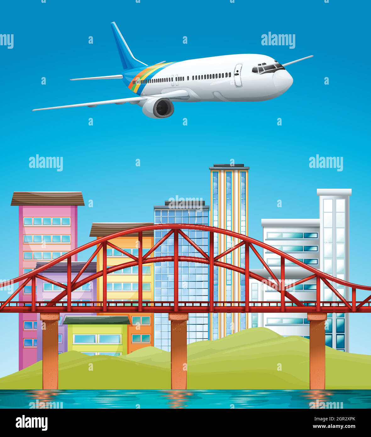 Airplane flying over buildings Stock Vector