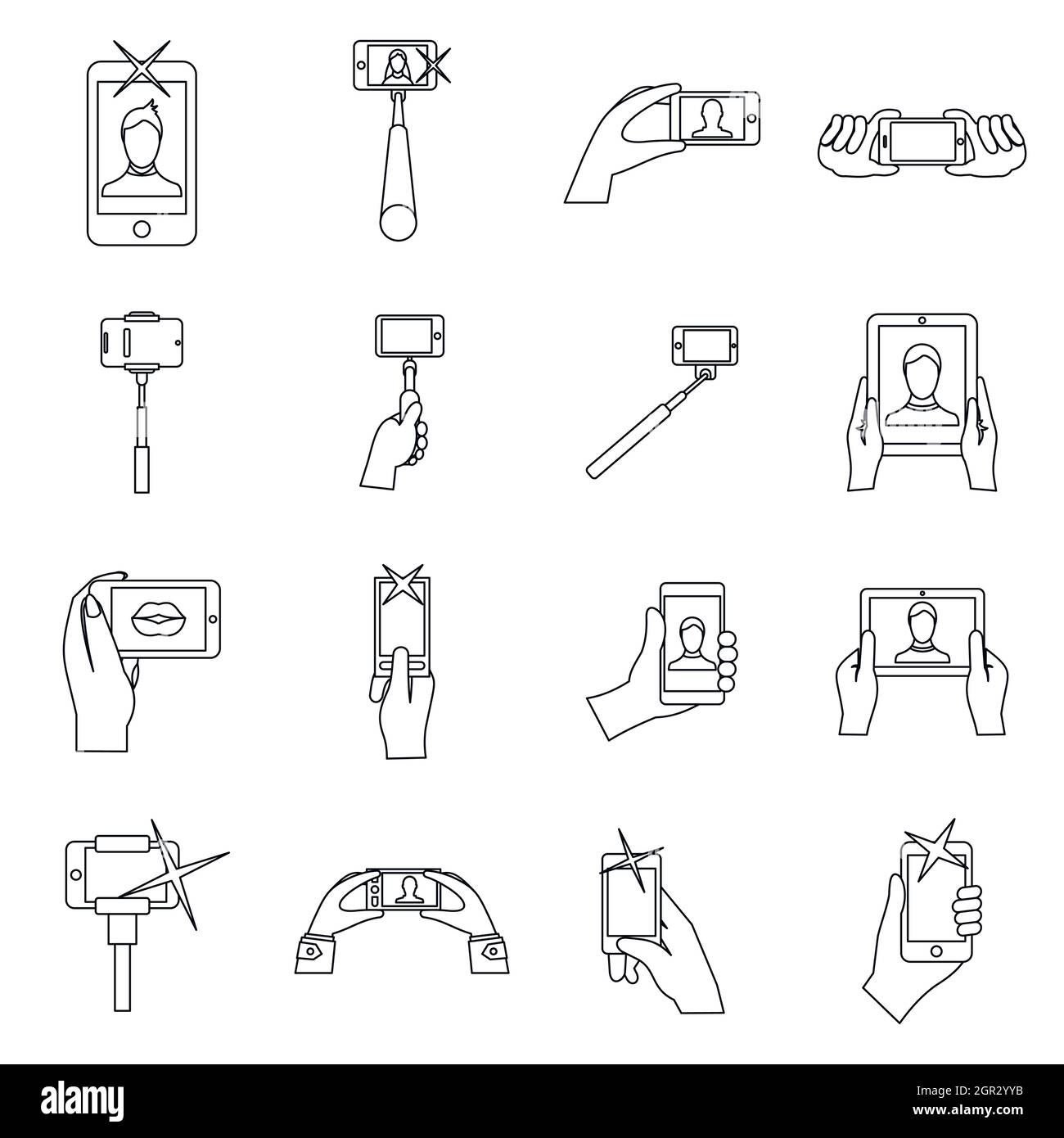 Selfie icons set, outline style Stock Vector