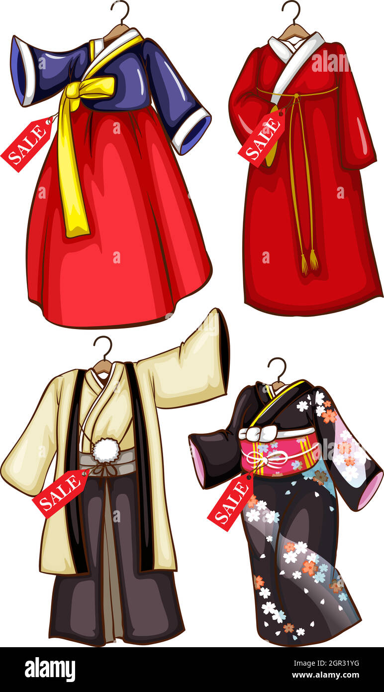 Simple sketches of the Asian costumes on sale Stock Vector