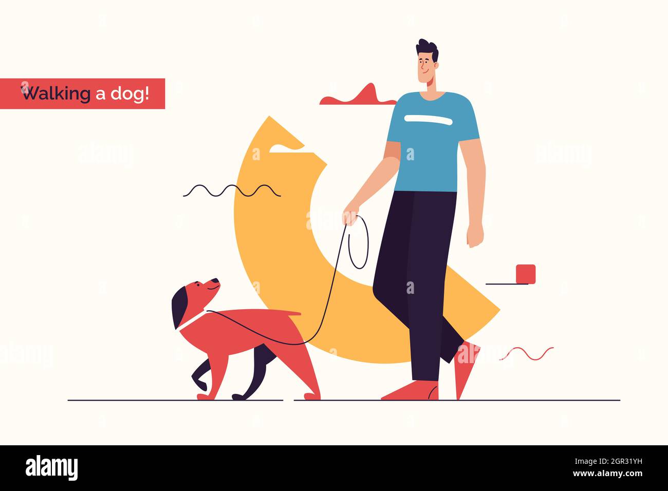 Vector illustration depicting a young smiling man walking a dog on a ...