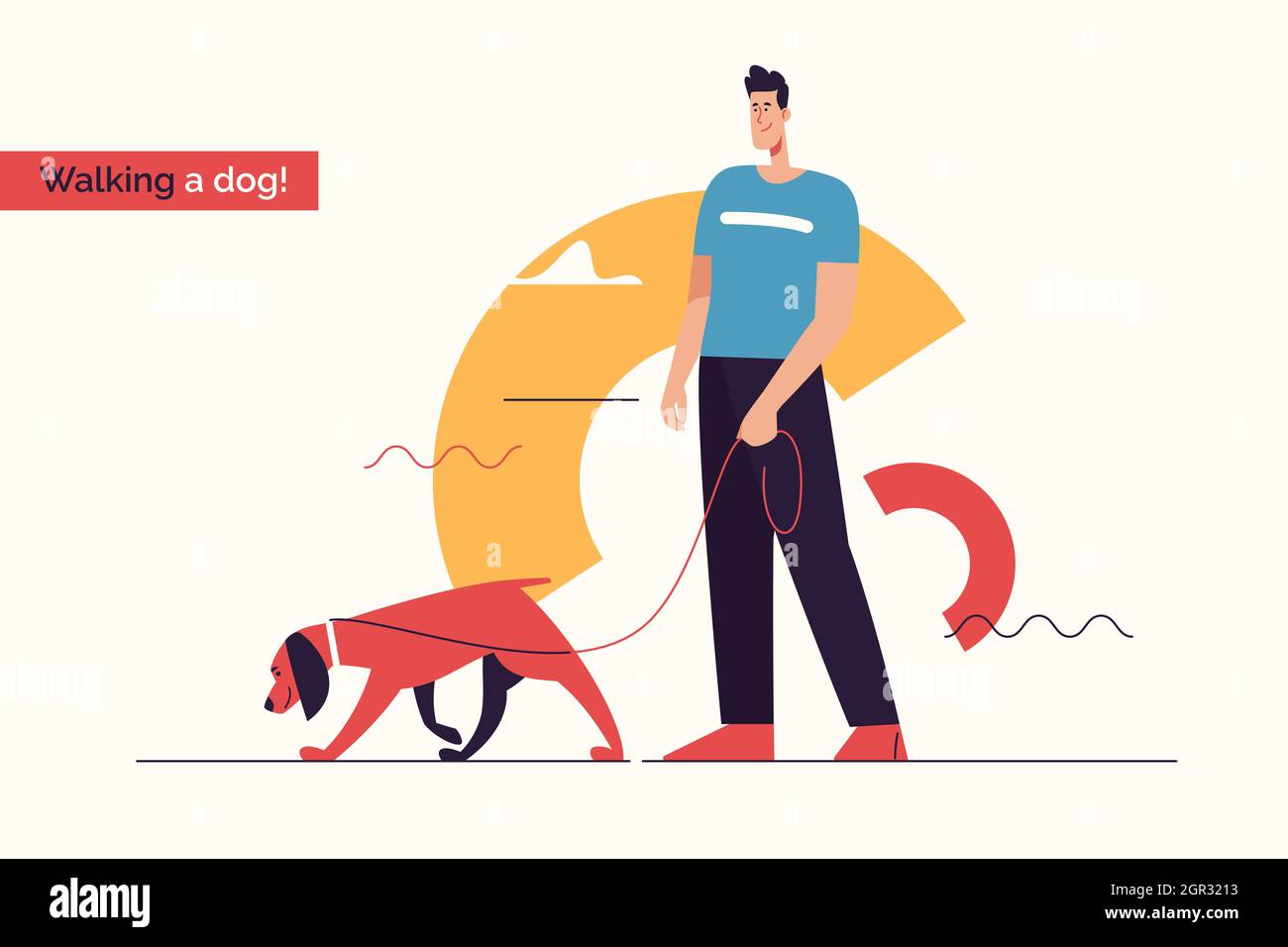 Vector illustration depicting a young smiling man walking a dog on a ...