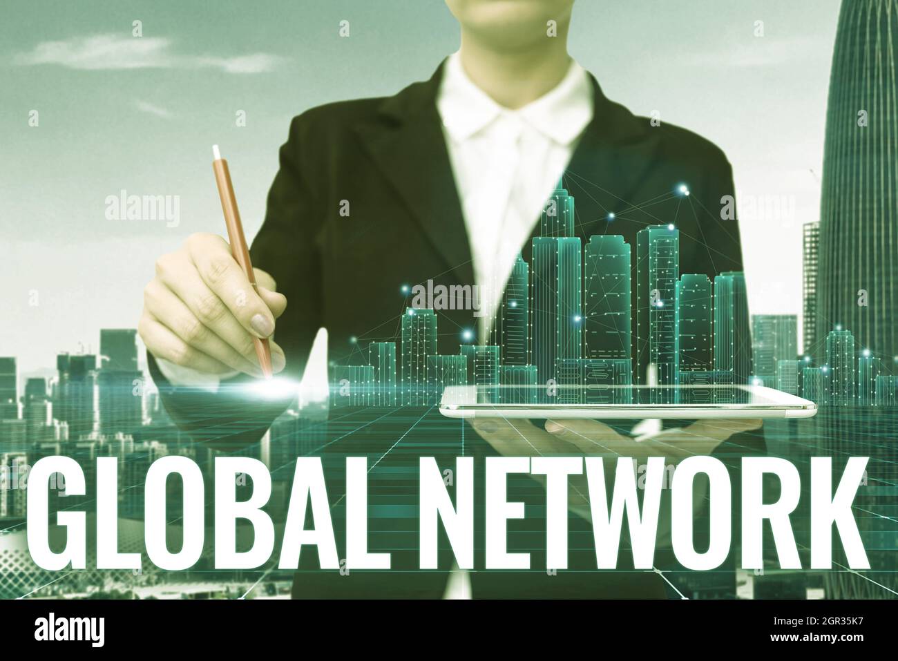 Text showing inspiration Global Network. Business idea Any communication system which spans the entire Earth Hand Touching Screen Of Mobile Phone In Stock Photo