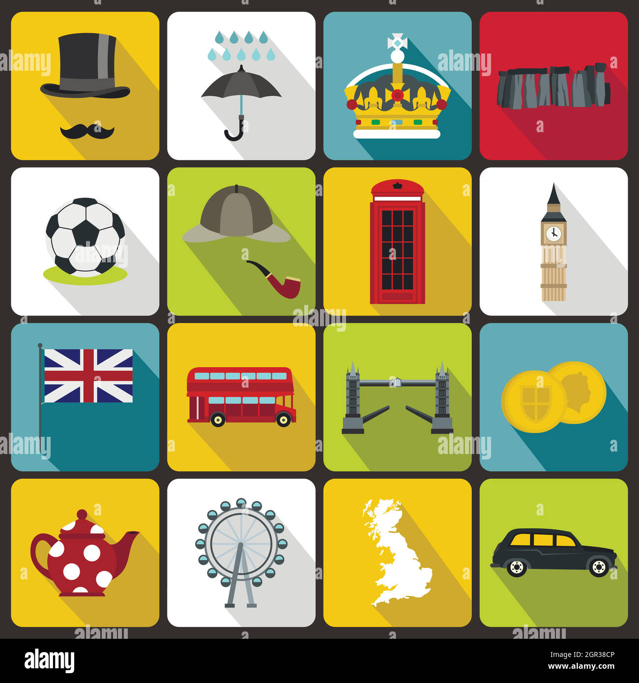 Great Britain icons set, flat style Stock Vector