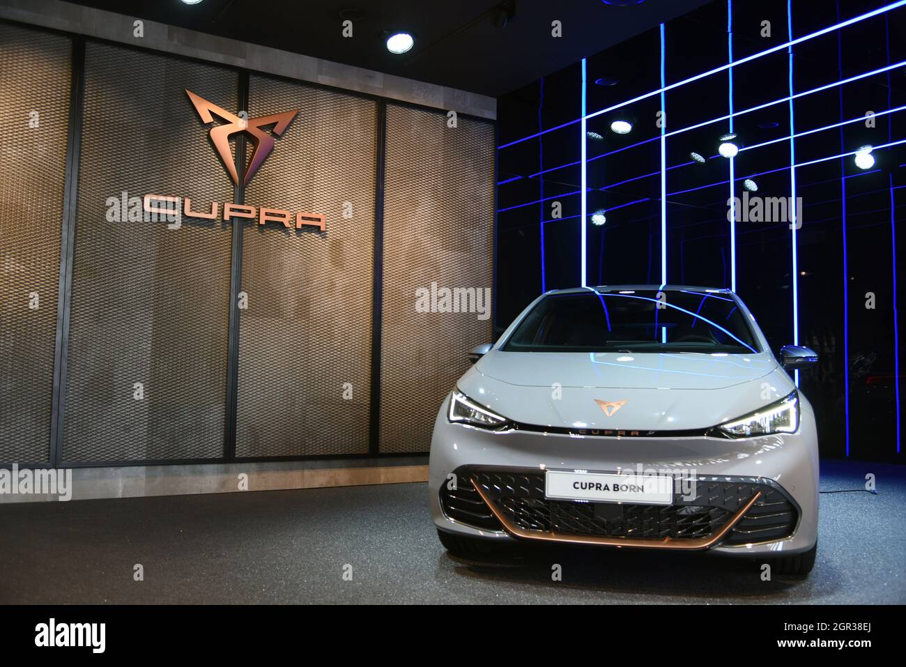 Barcelona, Spain. 30th Sep, 2021. A view of the new Cupra Born electric car. The CEO of the automobile companies Seat and Cupra, Wayne Griffiths,  presents at the Automobile Barcelona, the Cupra Born