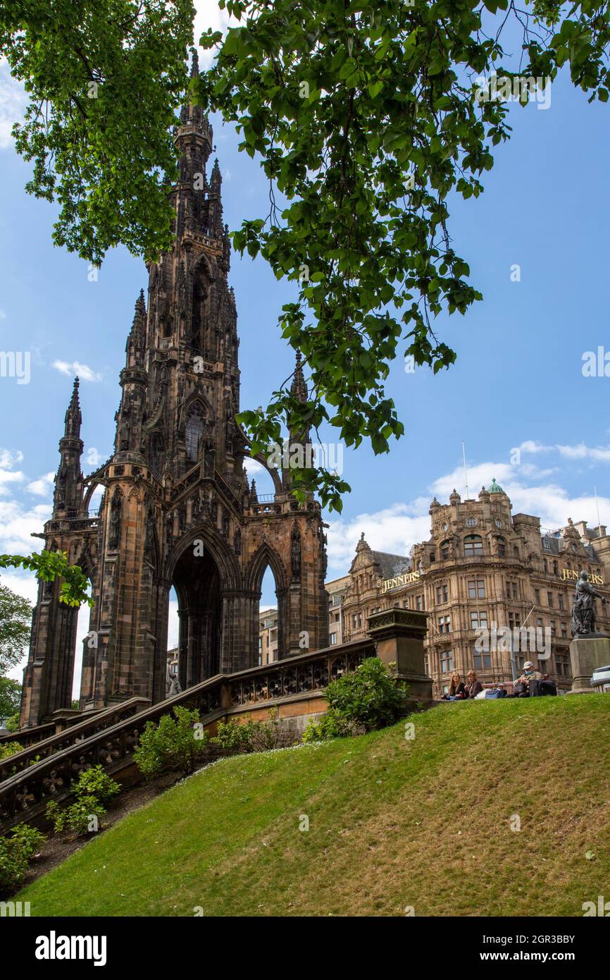 The Scott Monument appearing through leaves, Princes Street Gardens, Edinburgh, Scotland Stock Photo