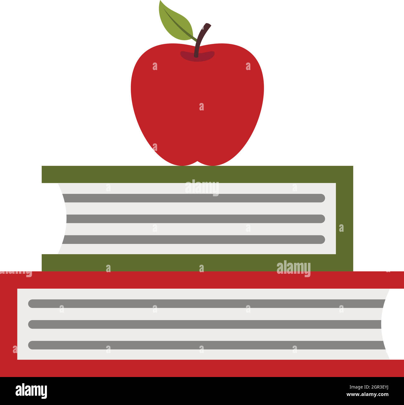 Two books with red apple icon, flat style Stock Vector