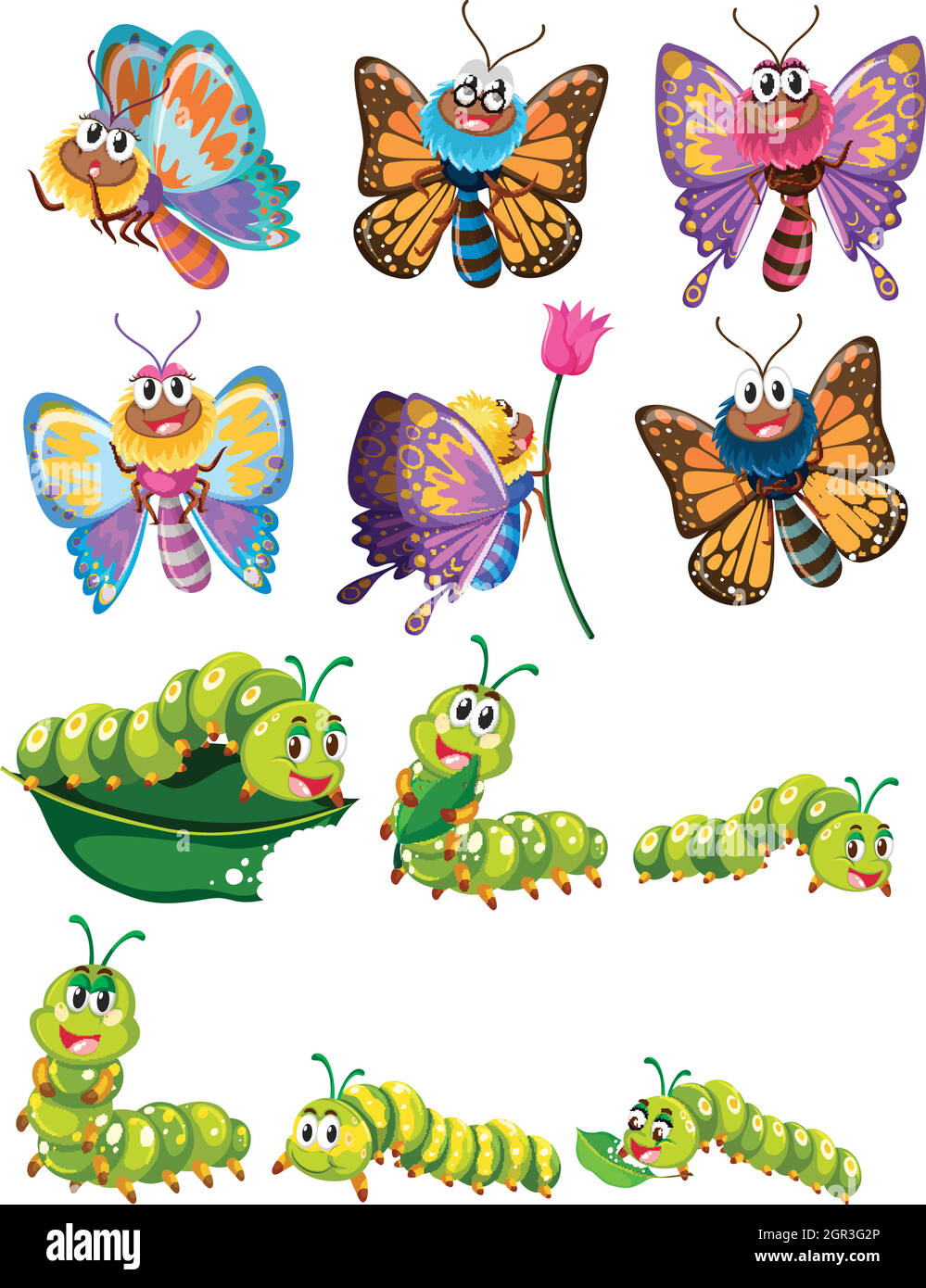 Caterpillars and butterflies with colorful wings Stock Vector
