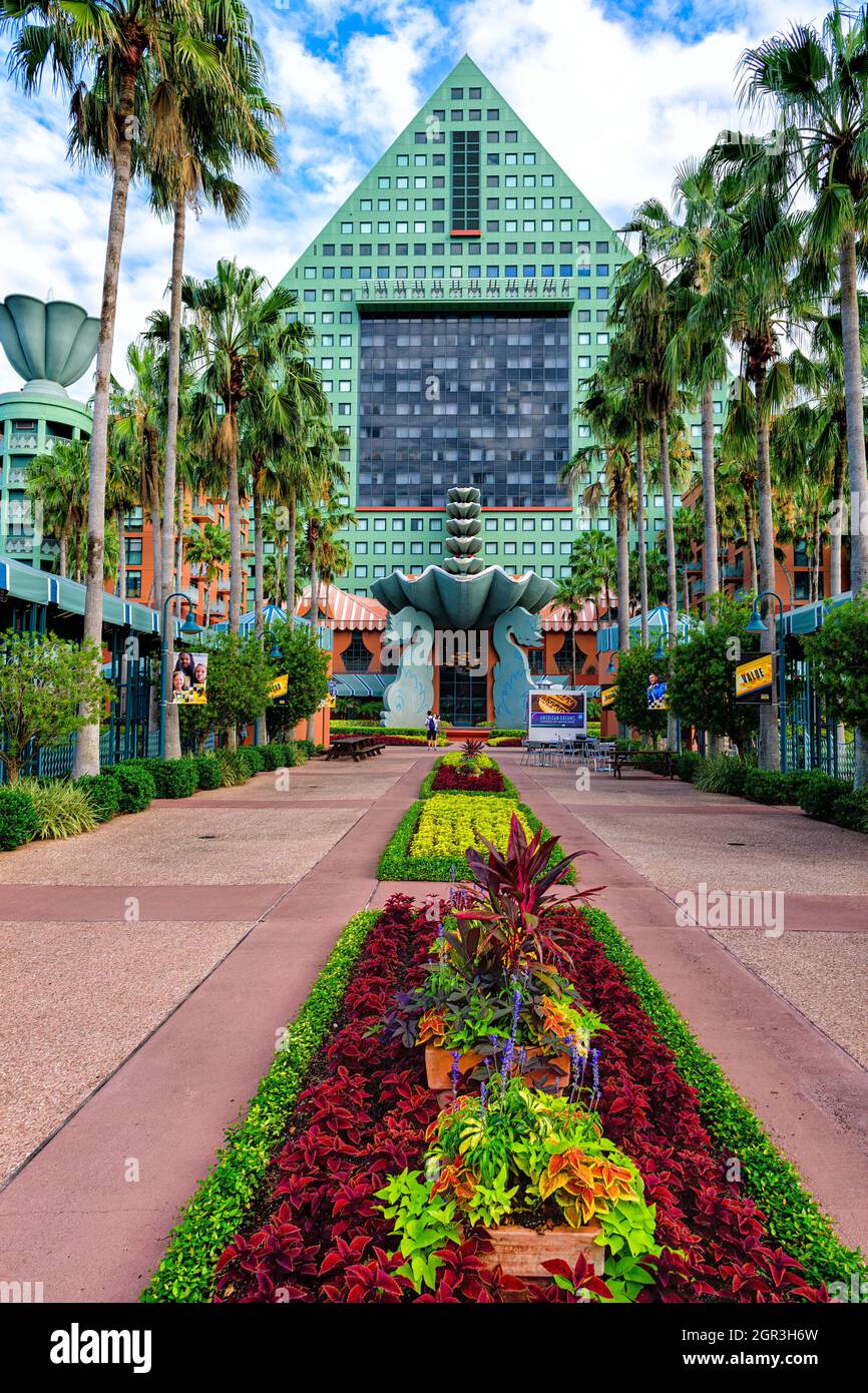 Ornate gardens along the walkway of the Walt Disney World Dolphin Resort Stock Photo