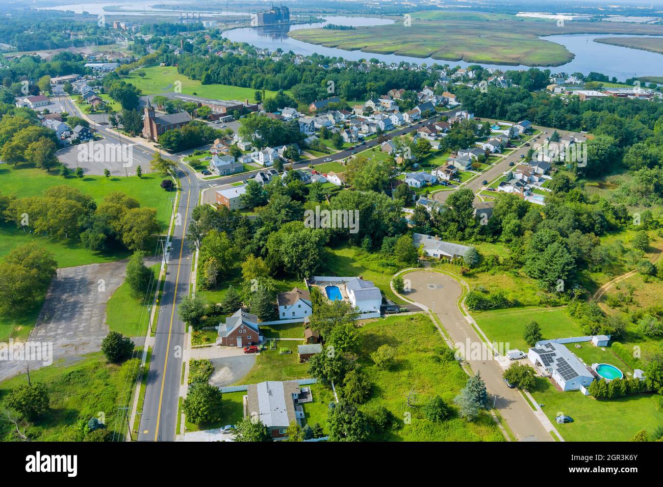 Aerial view of a Sayreville town neighborhood residential area houses