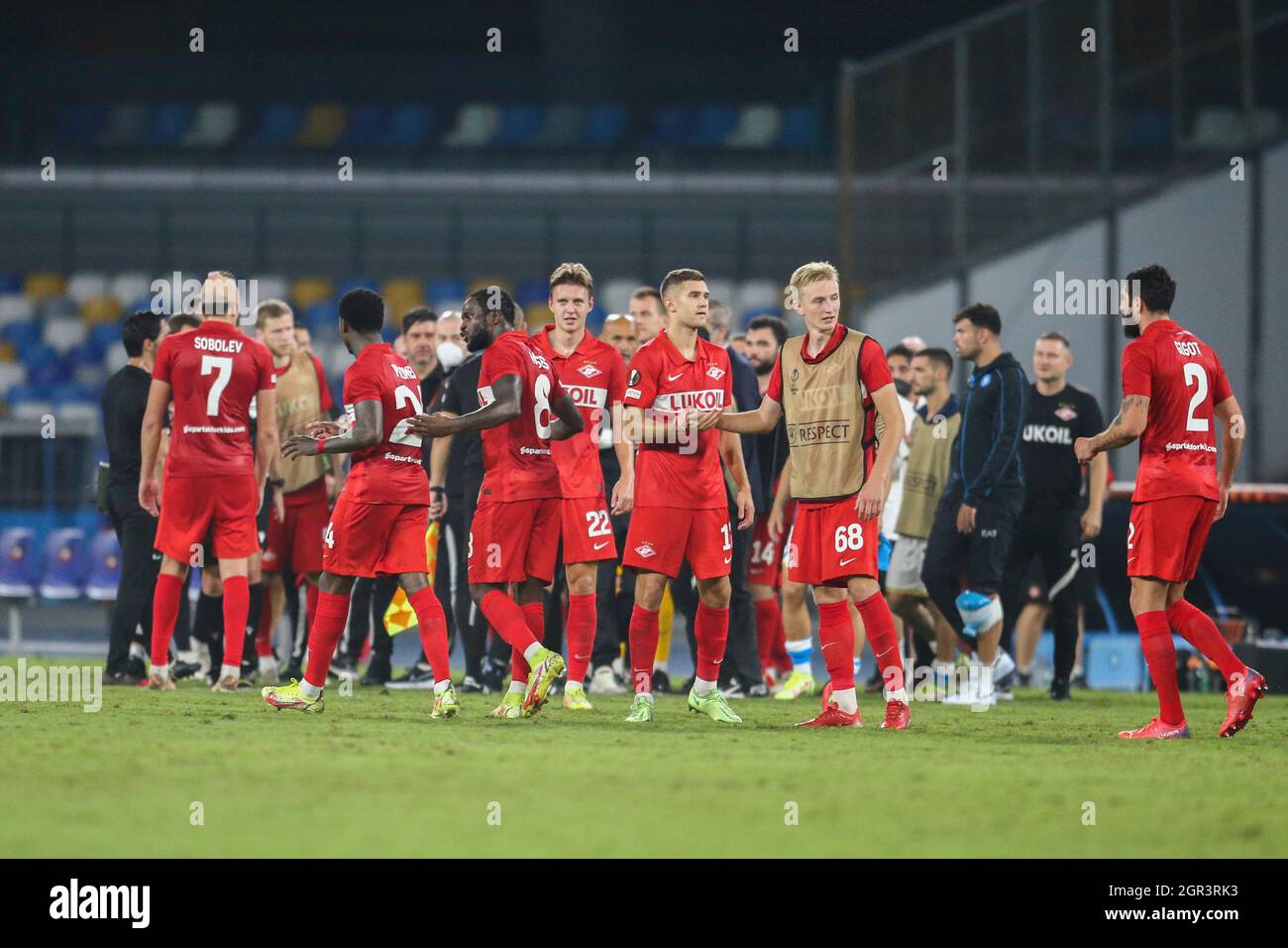 Spartak Mosca celebration for the metch victory during the UEFA Europa League first round day three Group C football match between SSC Napoli and Spartak Mosca at the Diego Armando Maradona Stadium in Naples, southern Italy, on September 30, 2021. Stock Photo