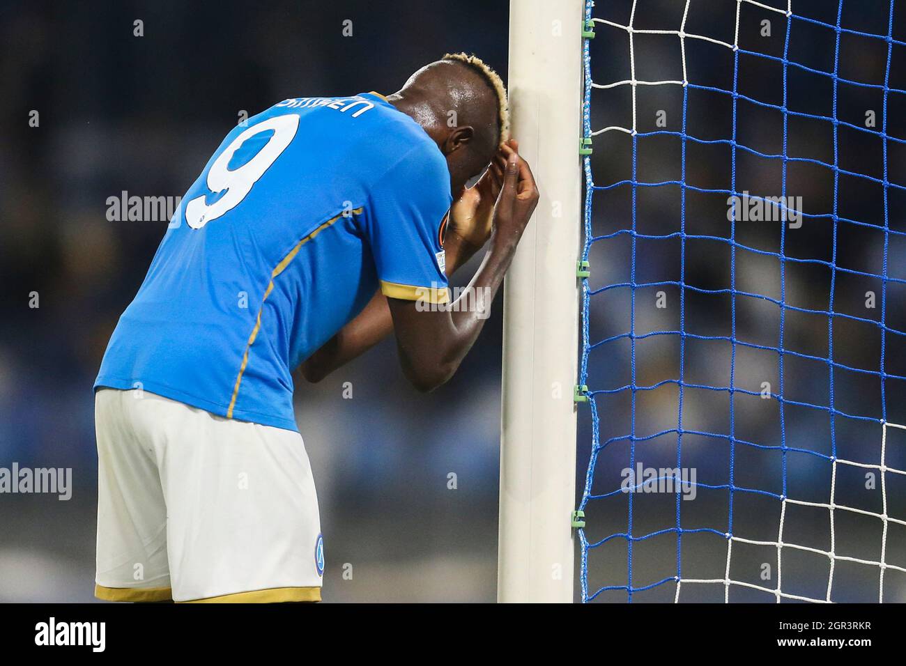 SSC Napoli's Nigerian striker Victor Osimhen Disappointed during the UEFA Europa League first round day three Group C football match between SSC Napoli and Spartak Mosca at the Diego Armando Maradona Stadium in Naples, southern Italy, on September 30, 2021. Stock Photo