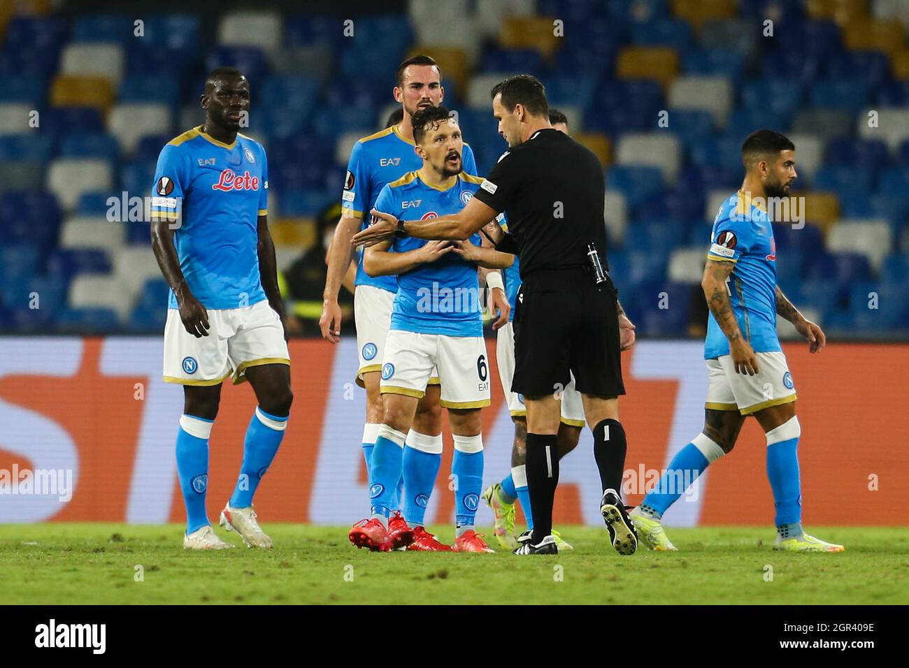 Red card for SSC Napoli's Portuguese defender Mario Rui  during the UEFA Europa League first round day three Group C football match between SSC Napoli and Spartak Mosca at the Diego Armando Maradona Stadium in Naples, southern Italy, on September 30, 2021. Stock Photo