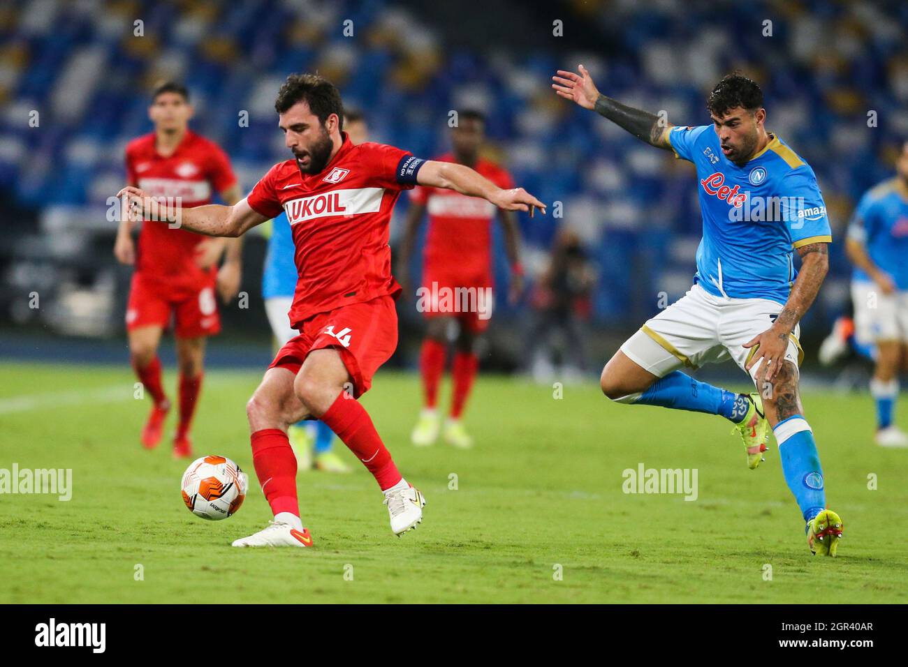 Spartak Mosca's Russian defender Georgi Dzhikiya controls the ball during the UEFA Europa League first round day three Group C football match between SSC Napoli and Spartak Mosca at the Diego Armando Maradona Stadium in Naples, southern Italy, on September 30, 2021. Stock Photo