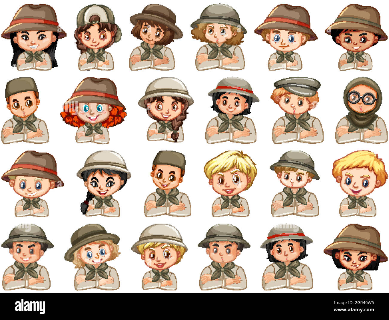 Set of different characters of boys and girls scout costume on a white ...