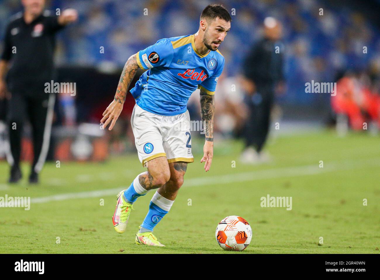 SSC Napoli's Italian striker Matteo Politano controls the ball during the UEFA Europa League first round day three Group C football match between SSC Napoli and Spartak Mosca at the Diego Armando Maradona Stadium in Naples, southern Italy, on September 30, 2021. Stock Photo